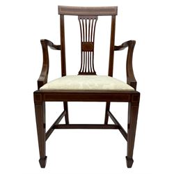 Set twelve (4+8) Edwardian inlaid mahogany dining chairs, cresting rail with satinwood banding, pierced splat backs with central inlay, drop-in seats upholstered in foliate patterned ivory fabric, raised on square tapering supports terminating in spade feet