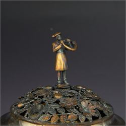 Modern limited edition silver centrepiece 'The Ripon Centrepiece', designed by Hector Miller for Aurum, the plain circular bowl with removable pierced parcel gilt lid, decorated in relief with flowers and foliage, the finial modelled as a hornblower, limited edition no. 41/150, hallmarked Hector Miller, London 1986, H15cm, boxed with certificate