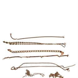 9ct gold jewellery and oddments, comprising chains, bracelets and single earrings