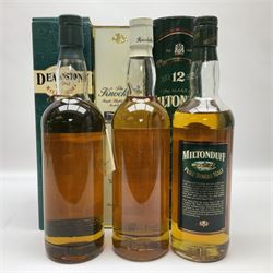 Knockdhu, 12 year old, single malt Scotch whisky, 70cl, 40% vol, Miltonduff, 12 year old, single malt Scotch whisky, 70cl, 43% vol and Deanston, 12 year old, single malt Scotch whisky, 70cl, 40% vol (3)