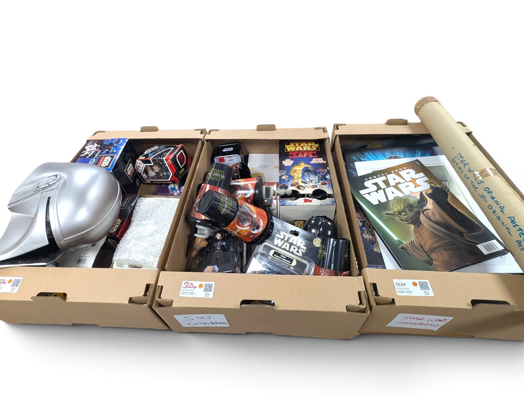 Star Wars collectables, including Mandalorian helmet, Topps foil caps, plastic cups, mug, figures, Masterworks Movie collection, Return of the Jedi Poster, magnets, watch, etc,in three boxes