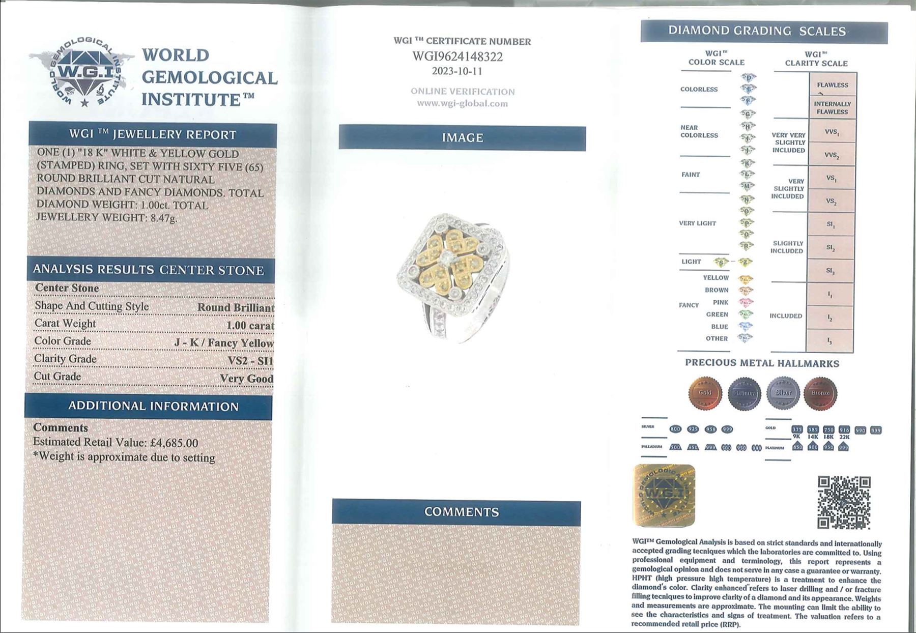 18ct white gold diamond flower head dress ring, milgrain set with sixty-five fancy yellow and white diamonds, with diamond set shoulders, stamped 750, total diamond weight 1.00 carat, with World Institute Report