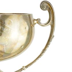 'The Harry Preston Memorial Challenge Cup 1929' - A two handled cup on pedestal base and wooden plinth marked Elkington & Co. H37cm overall Chester 1929 Maker Fattorini & Son