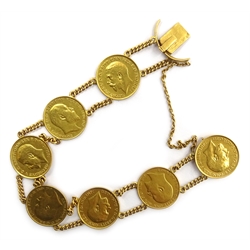 Seven gold half sovereign bracelet, with 18ct gold (tested) interlinks and clasp  