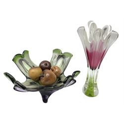 Studio glass vase, together with studio glass bowl and five wooden apples, vase H35cm