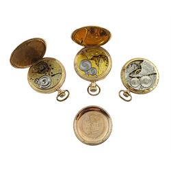Three American gold-plated keyless pocket watches including an Illinois full hunter 17 jewels No. 2025386, open face Elgin No. 27217580 and an open face Waltham No. 24136049, screw back case, all with white enamel dials and subsidiary seconds dials (3)