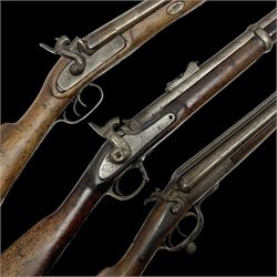 19th century Indian .577 Enfield muzzle loading rifle, proofed for 26-bore, the 98.5cm barrel with three barrel bands and later ram rod L140cm overall; 19th century Belgian side-by-side double barrel percussion shotgun, approximately 20-bore, with 74cm barrels and studded walnut stock, lock plate marked 'Liege 1868' and 'V. Gulikers-Maquinay' L117cm overall; and another side-by-side double barrel shotgun by Smythe with underlever opening (3)