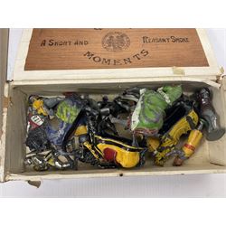 Quantity of unboxed and playworn die-cast/lead figures by various makers; predominantly farm animals and accessories but some Medieval Knights on horseback; together with a collection of plastic garage/motor mechanic figures still on sprues