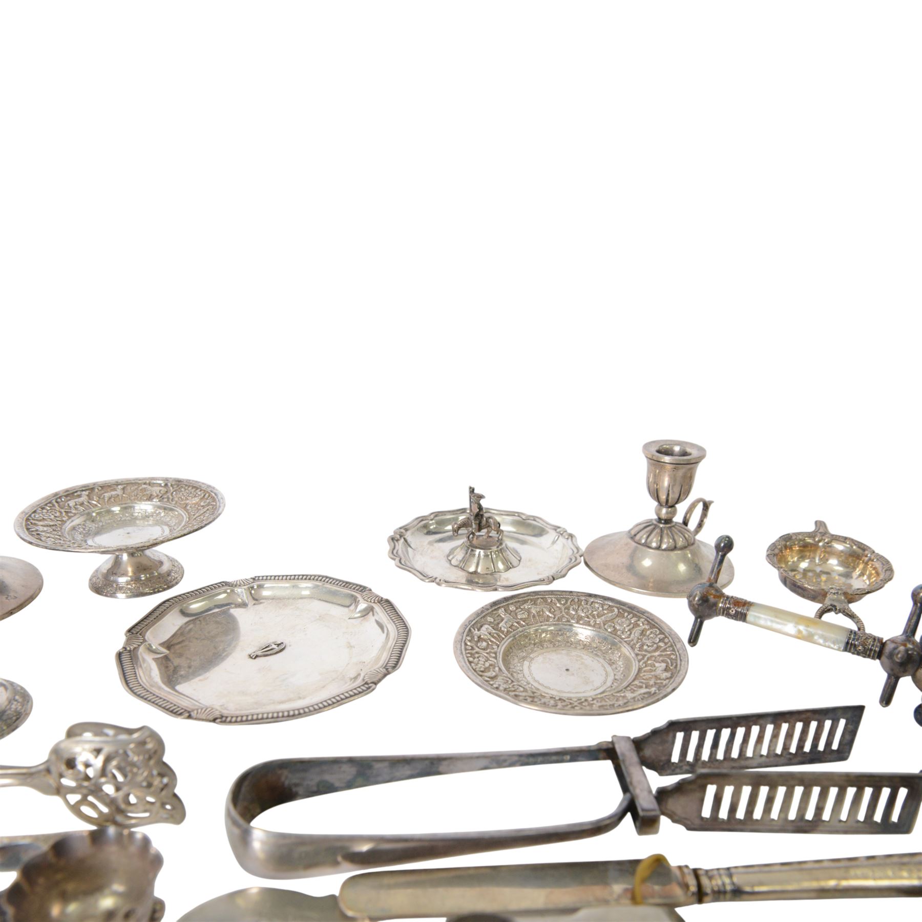 Group of silver, including sugar tongs, christening set, egg  cup, salt, strainer, silver mounted cutlery and Continental silver, together with silver plated items and other metalware 