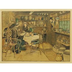 After Cecil Aldin (British 1870-1935), 'Sam Weller Meets his Mother in Law', chromolithograph from the 'Pictures from Pickwick' series pub. Lawrence and Jellicoe 30cm x 40cm; 'The Glasgow Coach', chromolithograph pub. Lawrence and Jellicoe c.1907, 27cm x 70cm (2)