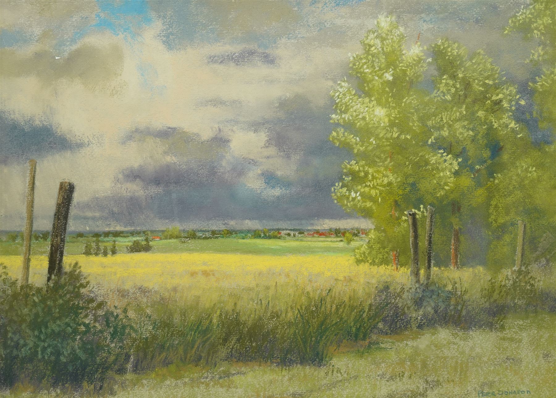 Peter Johnson (British 20th century): Stormy Skies over Pastoral Fields, pastel signed 34cm x 46cm