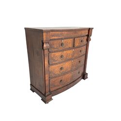 Late 19th century bow-front chest, fitted with two short and three long drawers, the figured drawer fronts cockbeaded and flanked by column uprights, on castors