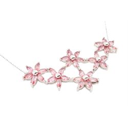 18ct white gold padparadscha sapphire flower head necklace, six flowers, each set with six marquise cut sapphires, stamped 750, total sapphire weight approx 4.40 carat