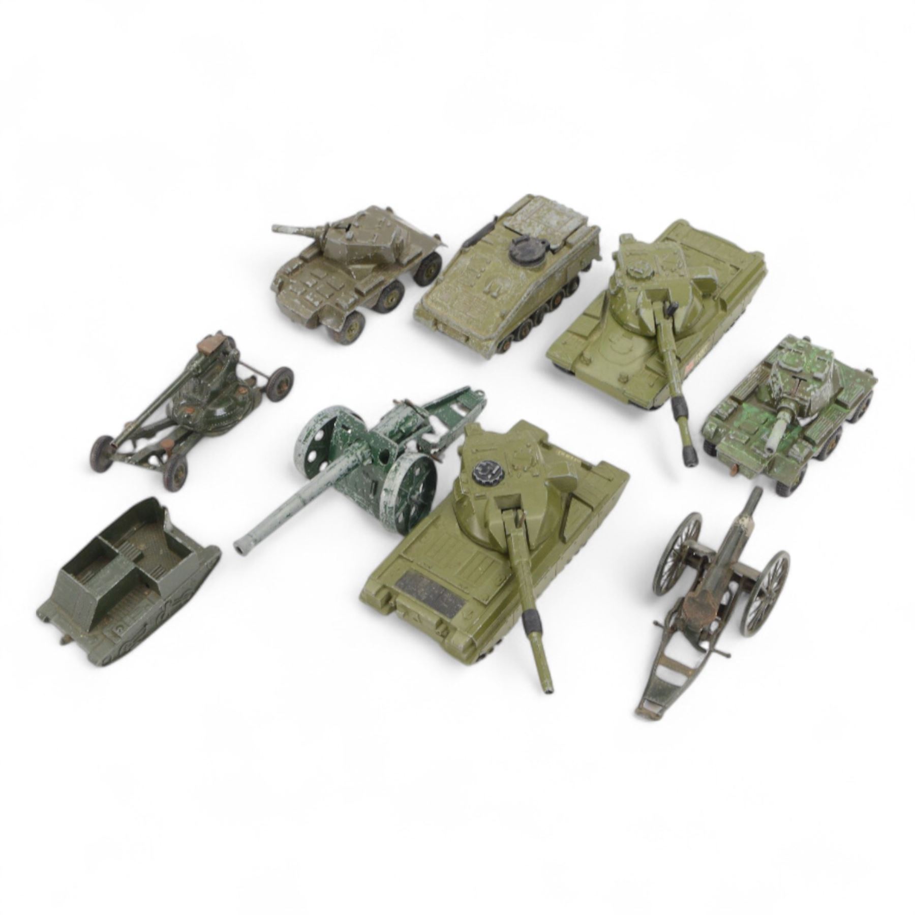 Nine military diecast figures, including two Dinky Toys Chieftain Tank, Dinky Toys Alvis Striker and three Britains field guns