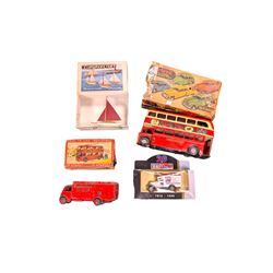 Small collection of model vehicles, including tin-plate trolley bus, Dinky Guy lorry, Triang Pedigree Prams bus, etc