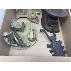 Ornate brass inkwell and letter rack, brass model of a coal mining scene, viking longship wall hanging, four wooden and brass spirit levels, and other brass, metal ware and collectables 