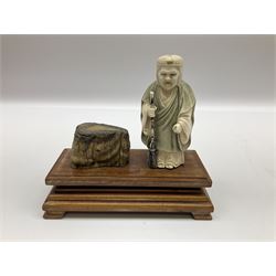 Japanese parquetry puzzle box L12cm; another Japanese puzzle box with marquetry top of Mount Fuji; eleven graduated Chinese figures including immortals; and Chinese figure of a lady standing on a hardwood base next to a horn table (14)