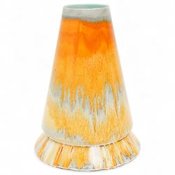 Collection of Shelly Harmony Drip wares, including conical form volcano vase, cake stand, raised bowl and squat vase, in shades of brown orange and green, volcano vase H21cm (4)