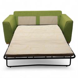 Contemporary lime green upholstered sofa bed, with rectangular arms and two seat cushions, the back with two stitched backrest cushions, on low block feet