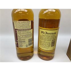 Mixed alcohol comprising Old Inverness Aged Scotch whisky, J.G.Thomson & Co, two bottles of White Horse Fine Old Scotch whisky, Three Barrels VSOP French Brandy in box etc, five bottles, various contents and proofs