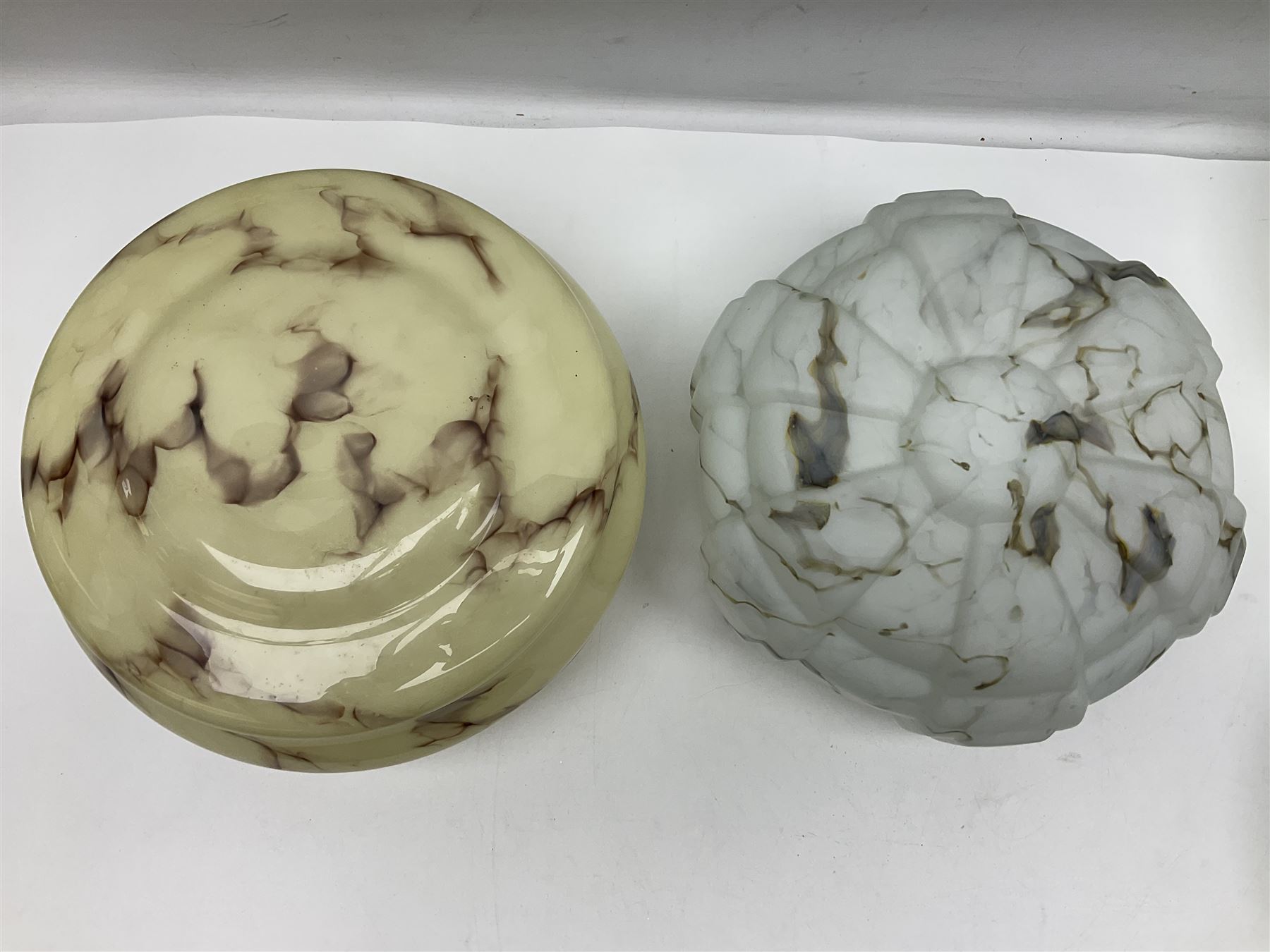 Six Art Deco glass fly catcher light shades, including marbled, mottled and frosted glass examples, largest D31cm