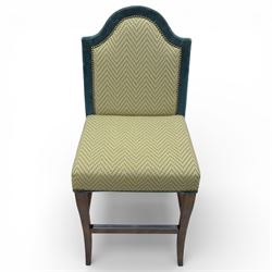 Pair of padded back high seat bar stools, upholstered in cream chevron fabric with green velvet trim 