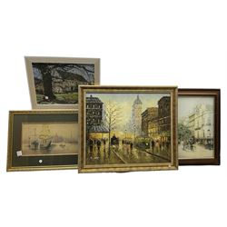 French School (20th century): Parisian Street Scene, oil on canvas signed R Jonah together with a watercolour and two prints (4)