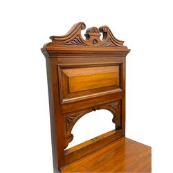Edwardian mahogany hall chair, broken swan neck cresting rail over pierced and panelled back