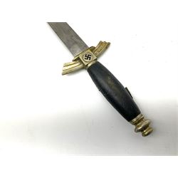  WW2 German SMF Solingen DLV flyers dagger with 16cm steel blade, nickel downswept cross-piece and pommel and leather covered grip, in leather and nickel scabbard with leather suspension strap L34cm overall. After WWI Germany was forbidden an air force by the Treaty of Versailles however the Deutscher Luftsport-Verband (German Air-sport Association) was formed in March 1933 from various sports flying clubs and had branches for aeroplane, gliding and balloon flying. Under cover of the sporting DLV, many future Luftwaffe pilots trained to fly. DLV was embodied with the NSKK in March 1935 and 1st March 1937 Luftwaffe formed.
