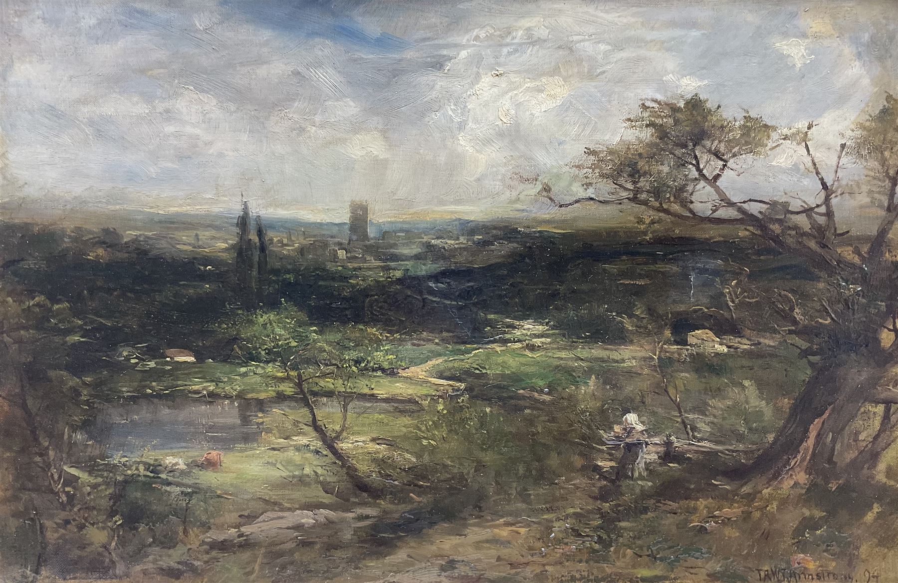 Francis Abel William Taylor Armstrong (British 1849-1920): Landscape overlooking a Distant Town, oil on canvas signed and dated '94, 34cm x 52cm