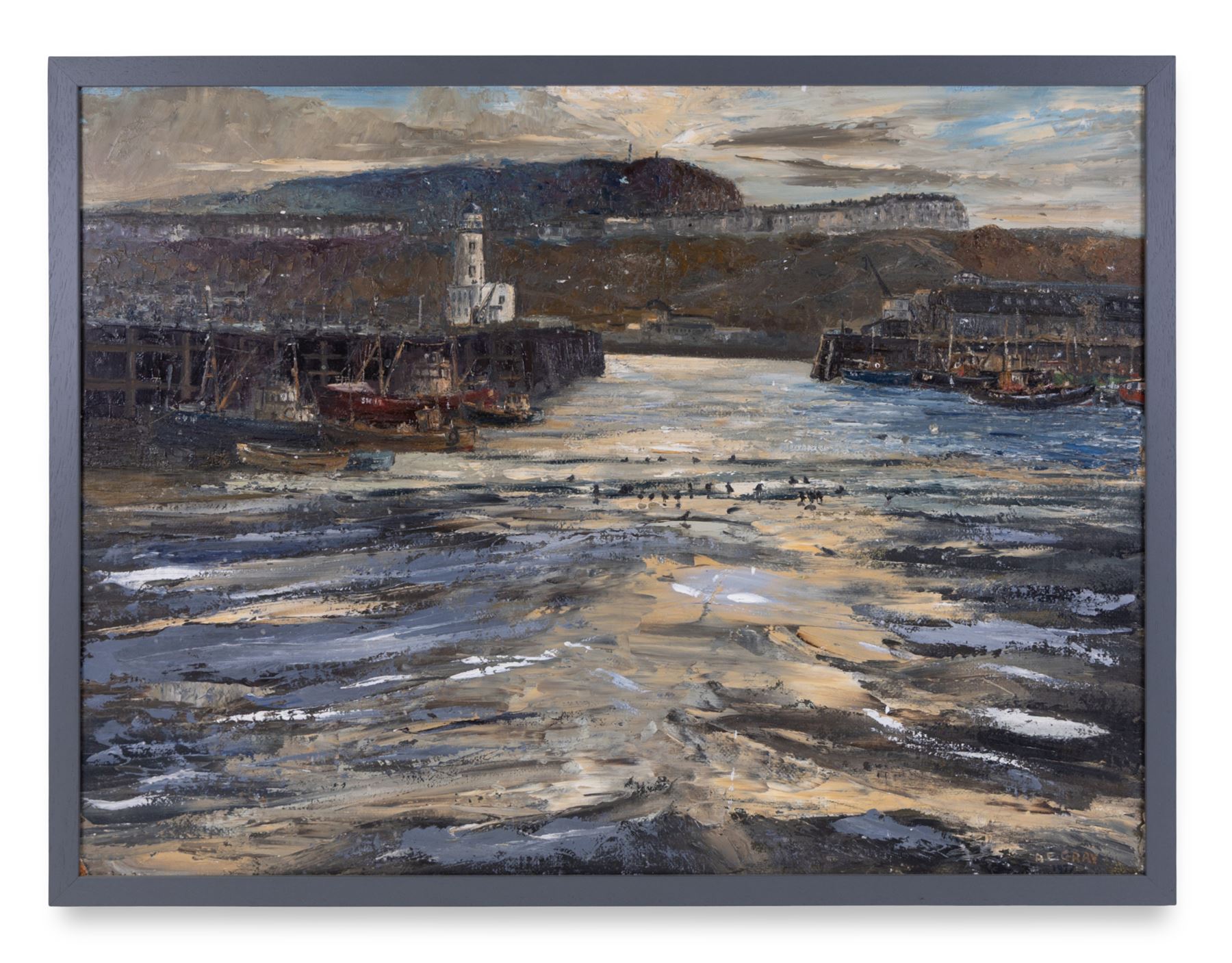 A E Gray (Mid/late 20th century): Lowtide Scarborough Harbour, oil on board signed and dated 1977, 56cm x 76cm