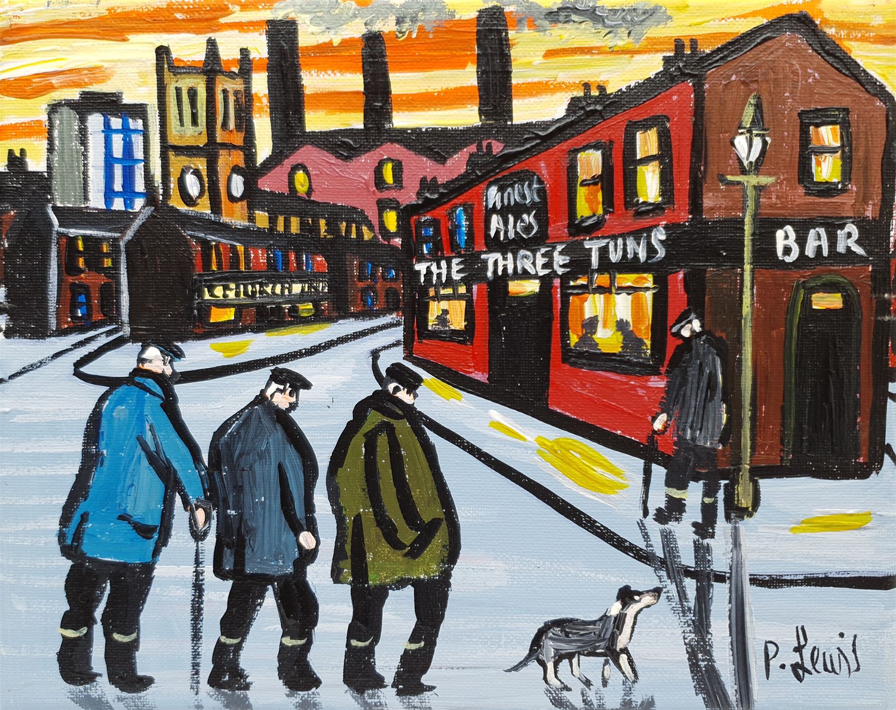 Phil Lewis (Northern British Contemporary): 'Old Codgers' Night Out at the Three Tuns Pub', oil on canvas signed, titled verso 20cm x 25cm (unframed)