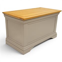 Modern bedroom suite comprising; a dresser, blanket box, bedside table, oak tops over a pale blue with wooden turned knobs

Dresser (H 77cm, D 48cm, W 107cm)
Blanket box (H 51cm, D 48cm W 91cm)
Bedside table (H 64cm, D 39cm, W 54cm)