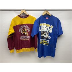 Collection of Leeds United scarves, hats and t-shirts, together with a Washington Redskins NFL sweatshirt and an Australian rugby league shirt