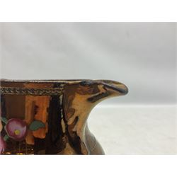 Early 20th century Sunderland lustre jug, decorated with transfer Masonic scene and poem 'The World is in Pain/Our Secrets to Gain/But Still Let Them Wonder and Gaze/The Never Can Divine/The World Nor The Sign/Of a Free and Accepted Mason', the reverse decorated with Sunderland River Wear cast iron bridge scene below text (a/f), together with a copper lustre jug, and pink lustre bowl, jug H20cm