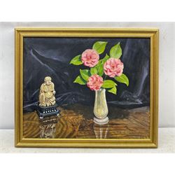 JE Longfield (20th century): Still Life with Buddha, oil on board signed 40cm x 50cm