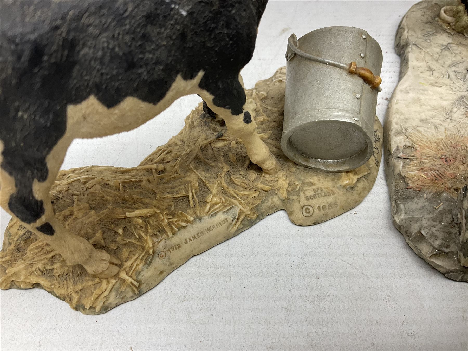 Collection of Border Fine Arts figures, comprising Exmoor Stallion A4058, Highland Mare & Stallion A2691, Welsh Cob A20804, On The Farm A0167, calf figure with bucket and figure group of cow and farmer with cat and kittens (6)