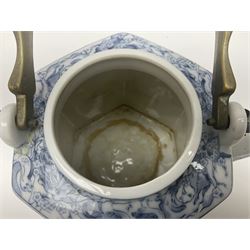 Chinese vase, decorated with vines and grapes and signed beneath, together with Chinese tea set of hexagonal form, comprising teapot and stand and six cups, vase H30cm