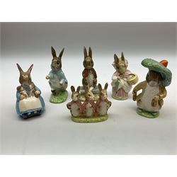 Six Beswick Beatrix Potter figures, comprising 'Flopsy, Mopsy and Cottontail', 'Mrs Rabbit', 'Mrs Rabbit & Bunnies', 'Fierce Bad Rabbit', 'Benjamin Button' and 'Peter Rabbit', together with Beswick Robin 980, Beswick Bullfinch 1042, Royal Doulton 'Bedtime bunnykins' and two Royal Albert figures, 'Benjamin ate a lettuce leaf' and 'Little black rabbit'