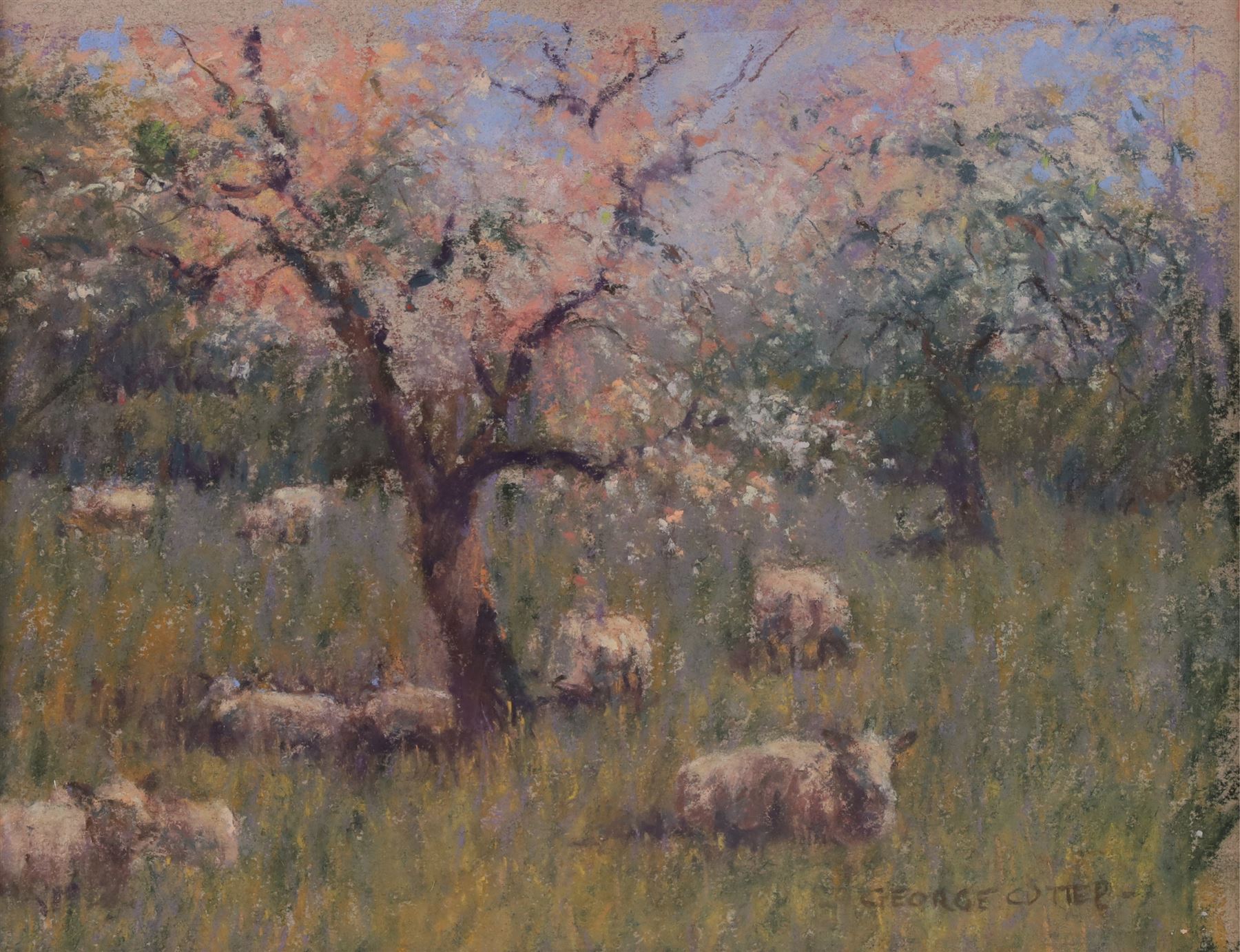 George Frederick Cutter (British 1940-): Sheep Resting in Tall Grass, pastel signed 17.5cm x 22.5cm; English School (19th century): Waves Breaking on a Rocky Coastline, impasto oil on board indistinctly signed max 19.5cm x 28cm