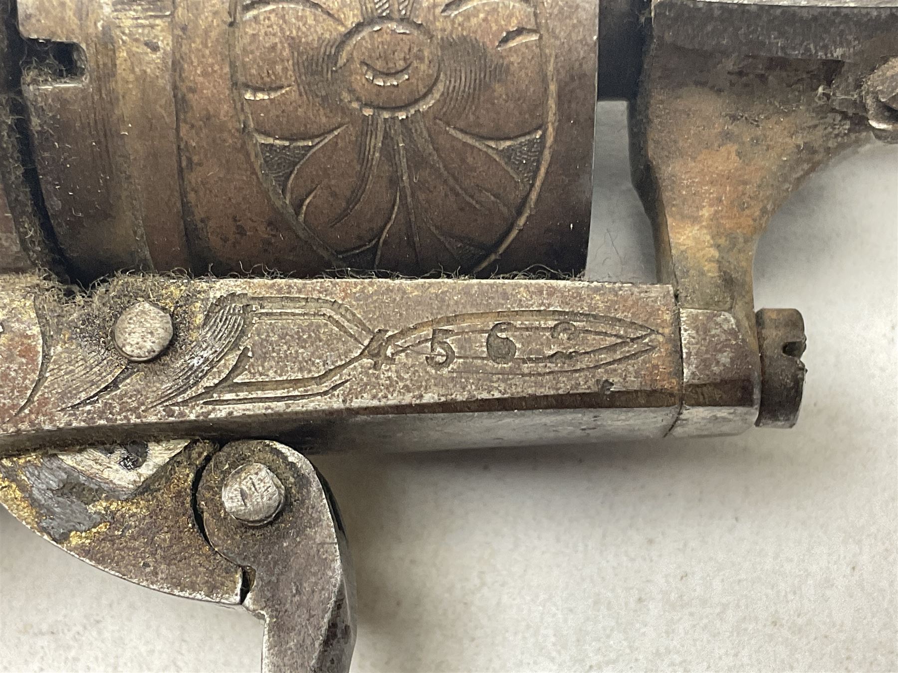 19th century Belgian 7mm pin-fire six-shot revolver with engraved action, folding trigger and ornate grips, ELG proof marks, No.4562 L20cm