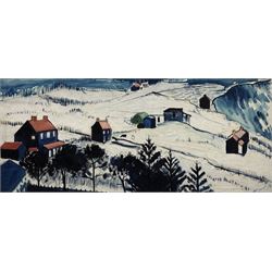 Pat Faust (British fl.1950-2000): Ravenscar Snowy Landscape, oil on canvas signed and dated 1959, 45cm x 100cm
