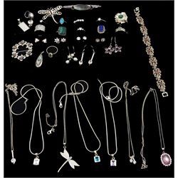 Collection of silver and stone set silver jewellery including eleven rings, two brooches, seven pairs of earrings, seven pendant necklaces etc 