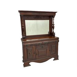 Edwardian carved walnut mirror back sideboard, fitted with three drawers and three cupboards, raised mirror back