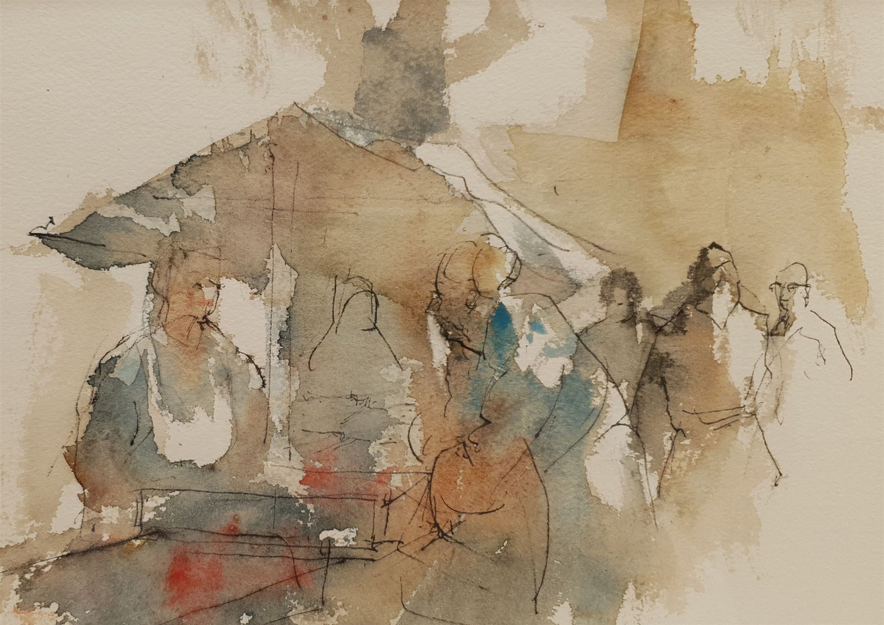 Roland Batchelor RWS (British 1889-1990): 'Market Dorset', watercolour and ink unsigned, painted in 1971, 17cm x 24cm 
Provenance: artist's studio; collection of Grant Waters; with Louise Kosman, Edinburgh; then with the Ariel Gallery, Lavenham, where purchased by the vendor