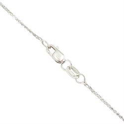 14ct white gold diamond pendant necklace, single round brilliant cut fancy blue diamond of approx 0.45 carat, surrounded by a halo of milgrain set round brilliant cut diamonds, to a diamond set bail, on a wheat link chain necklace, total white diamond weight approx 0.25 carat