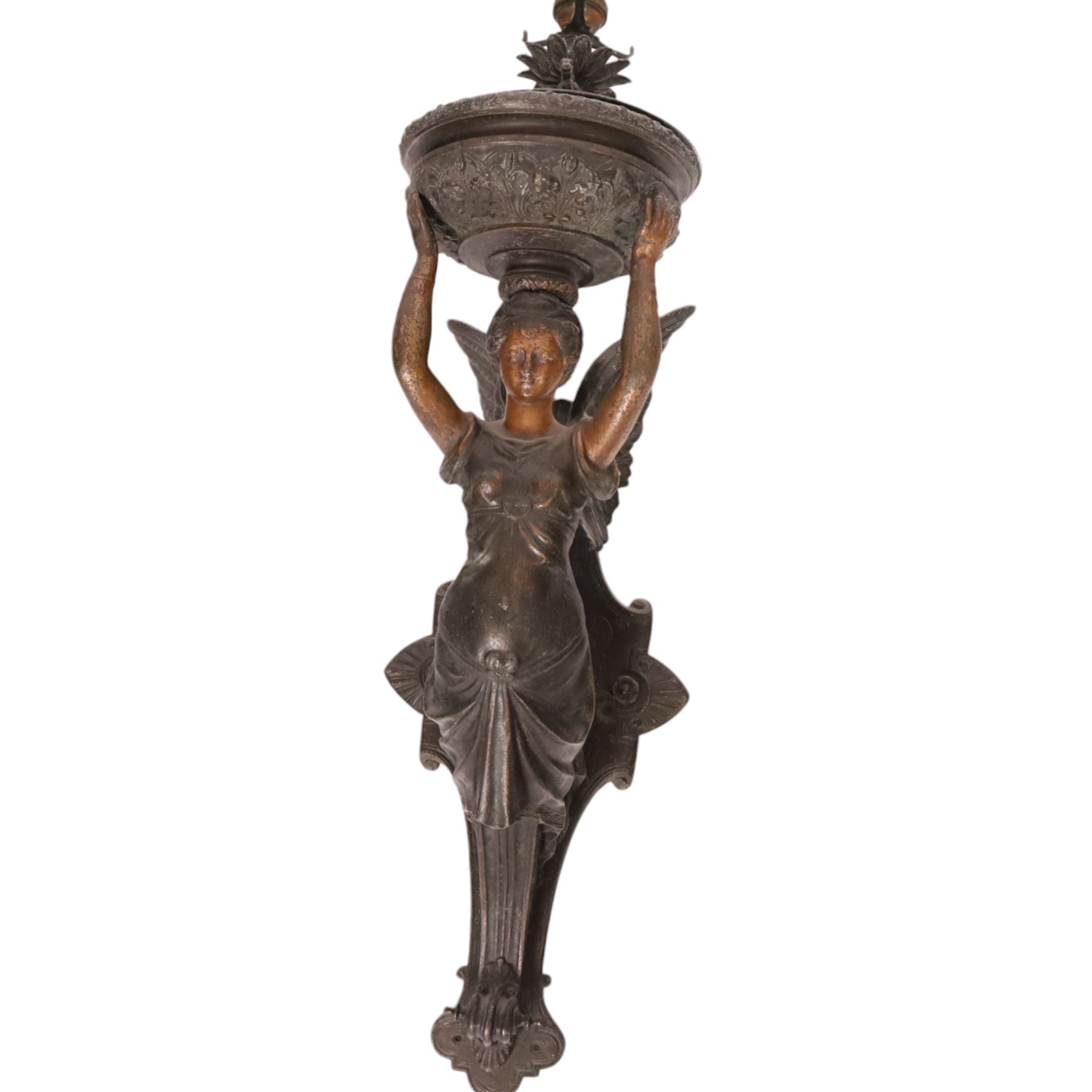 19th century wall sconce, the basket held aloft by a winged classical female upon a  moulded back plate, H63cm
