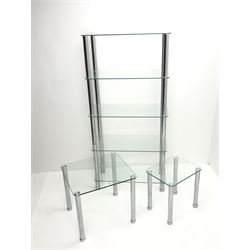 Chrome and glass nest of two tables (W50cm, H46cm, D45cm) and matching storage stand (W71cm, H147cm, D35cm)