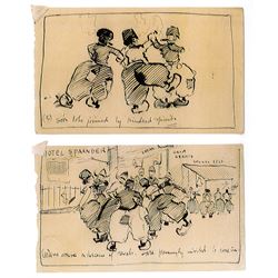 Frank Henry Mason (Staithes Group 1875-1965): Kermis Time at the Hotel Spaander Volendam - seven comical caricature sketches, pen and ink each titled and numbered 1 - 7 on five pieces of paper each 10cm x 17cm (unframed) Provenance: from the estate of Christine Dexter and by descent from the artist's sister Eleanor Marie (Nellie)