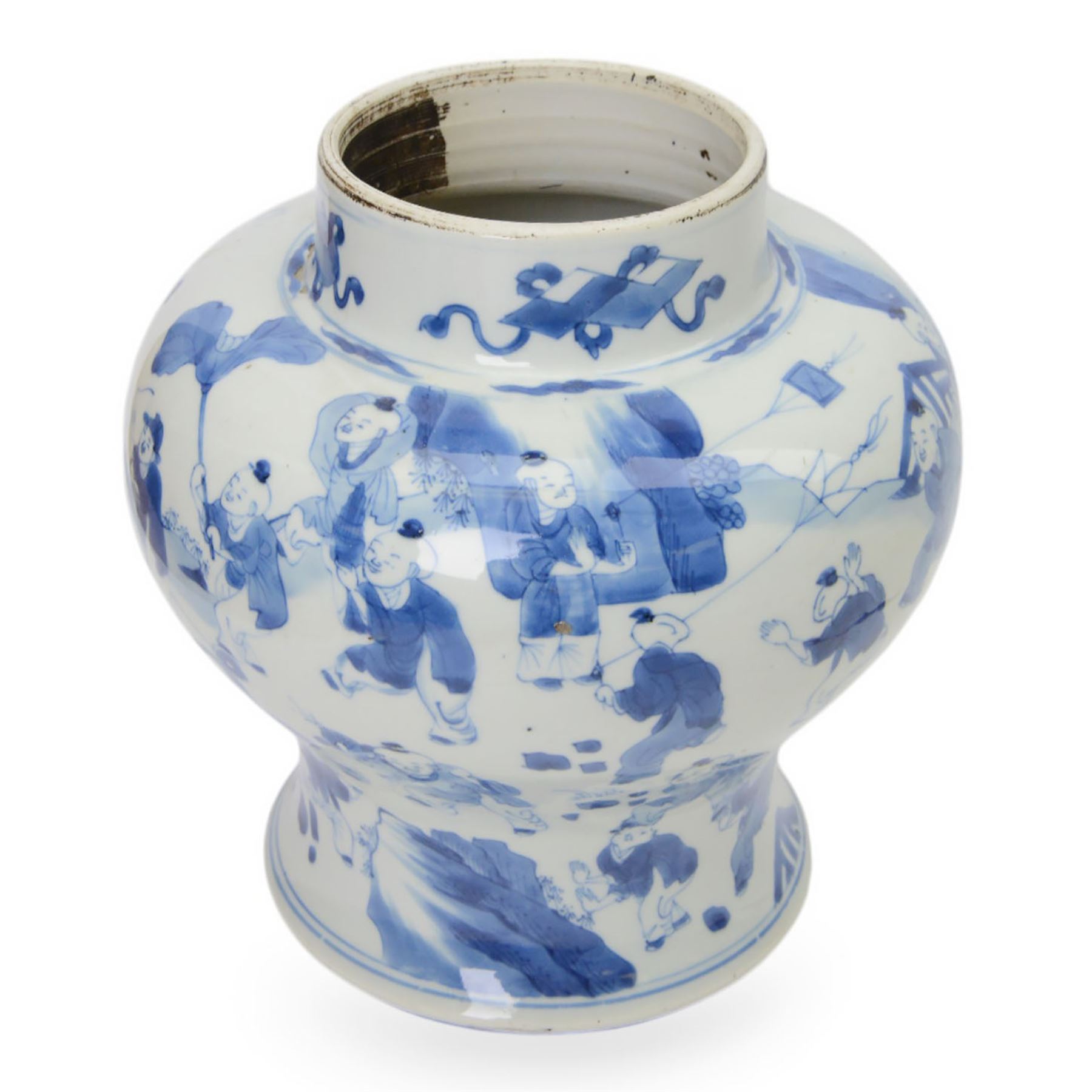 19th century Chinese blue and white jar, of pronounced baluster form, decorated in the Hundred Boys design, with numerous children at play, H23cm

The hundred boys design was a popular theme in Chinese Art employed from the Song period onwards. It expresses the desire to continue the family through male heirs and the performance of filial duties